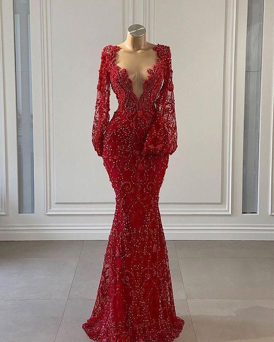 Red Prom Dress long Prom Dresses Long Sleeve Lace Mermaid Evening Gowns    fg1571