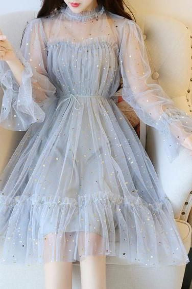 Blue Sparkly Star Long Sleeves Tulle Homecoming Dresses, Charming Short Prom Dress        fg1645