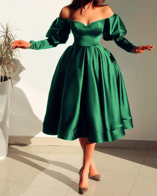 Tea Length Satin Dresses Off Shoulder Long Sleeves Homecoming Dress      fg1874