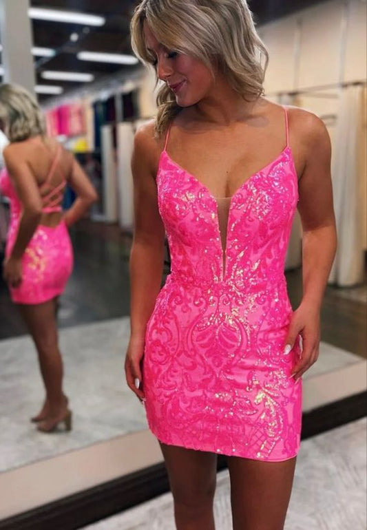 Short pink sequins prom dress Short Homecoming Dresses     fg2427