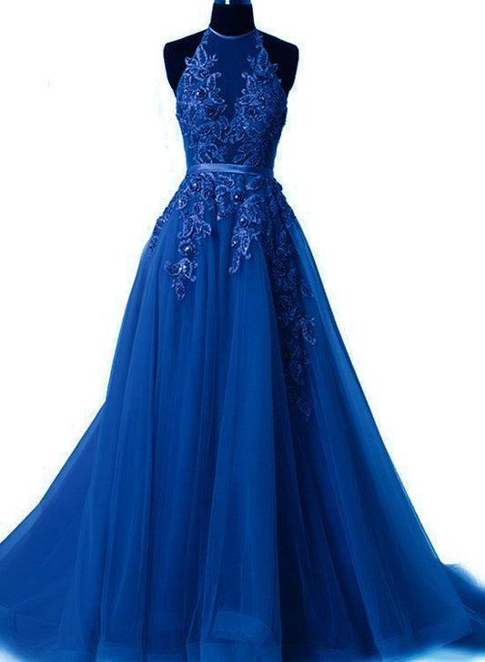 Royal Blue Halter Tulle Party Dress, Pretty Handmade Blue Prom Dress      fg1816