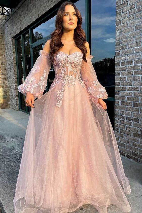 Pink Tulle Strapless Puff Sleeve A-Line Prom Dress      fg1793