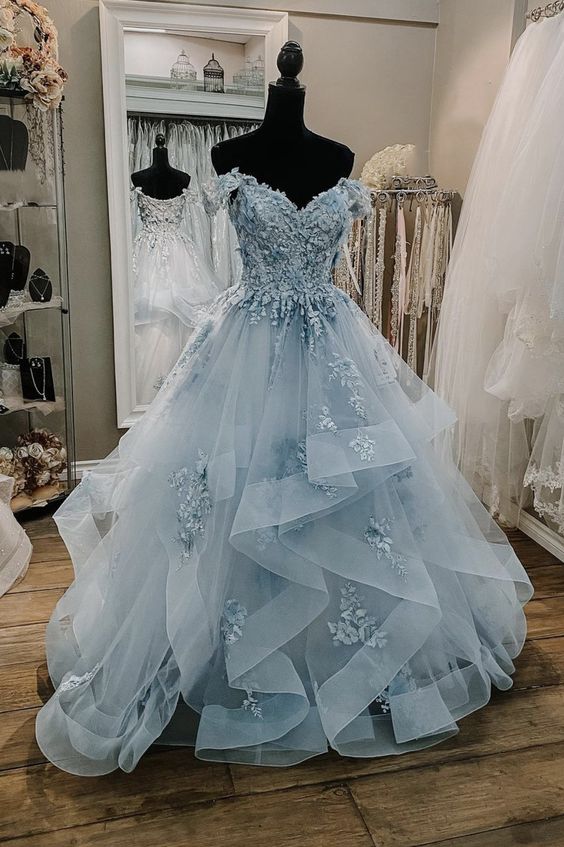 Blue Tulle Lace Long Ball Gown Dress Blue Evening Dress      fg3279