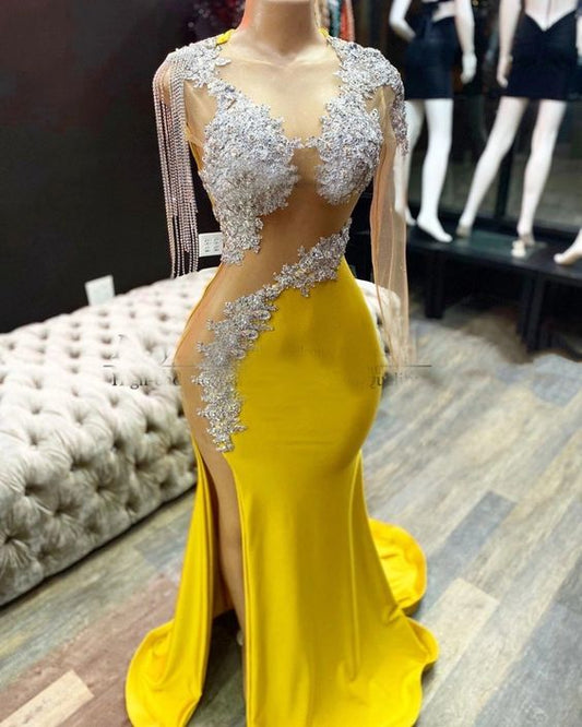 Yellow prom dresses, tassel prom dress, side slit evening dresses, arabic evening dresses, cheap party dresses, sexy formal dress      fg3340