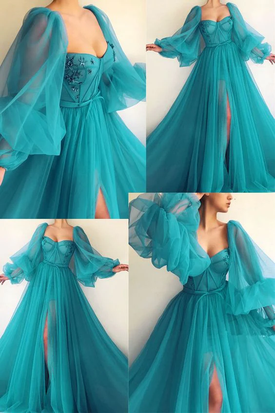 Puff Sleeve Prom Dresses Side Slit A Line Evening Gowns       fg2116