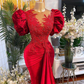 Luxury Red Mermaid Prom Dresses Lace Beaded Sheer Neck Velvet Evening Dress Formal Party Wear      fg1847
