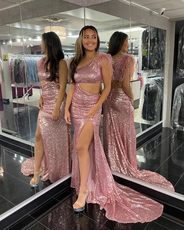 2023 Sparkly Mermaid One Shoulder Blush Sequins Prom Dresses with Slit       fg2350