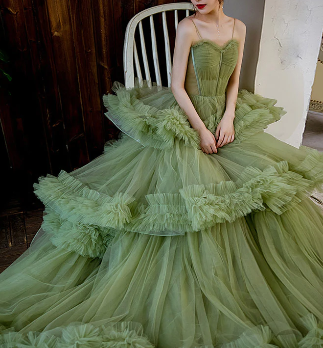 Princess Spaghetti Straps Green Tulle Long Dress A Line Tiered Formal Dress      fg1413