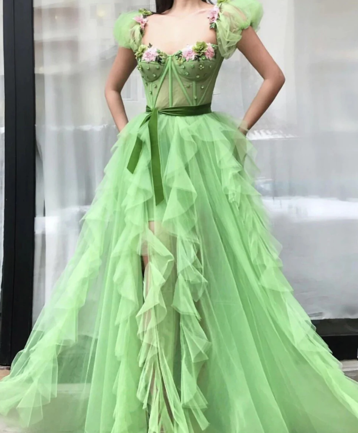 Green Long Tulle Flowers Crystals Prom Dresses Sweetheart High Split Formal Evening Dress    fg1666