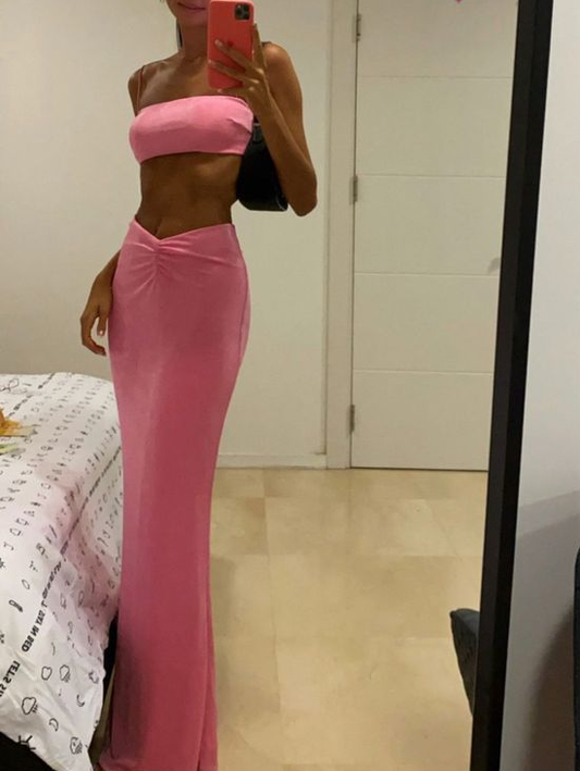 Pink two piece prom dress long party dress     fg2915