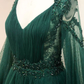 GREEN V NECK LACE A LINE LONG PROM DRESS, GREEN TULLE EVENING DRESS    fg1007