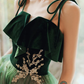 Beautiful Dark Green Straps Tulle with Velvet Party Dress, Green Evening Gown Prom Dress     fg1051