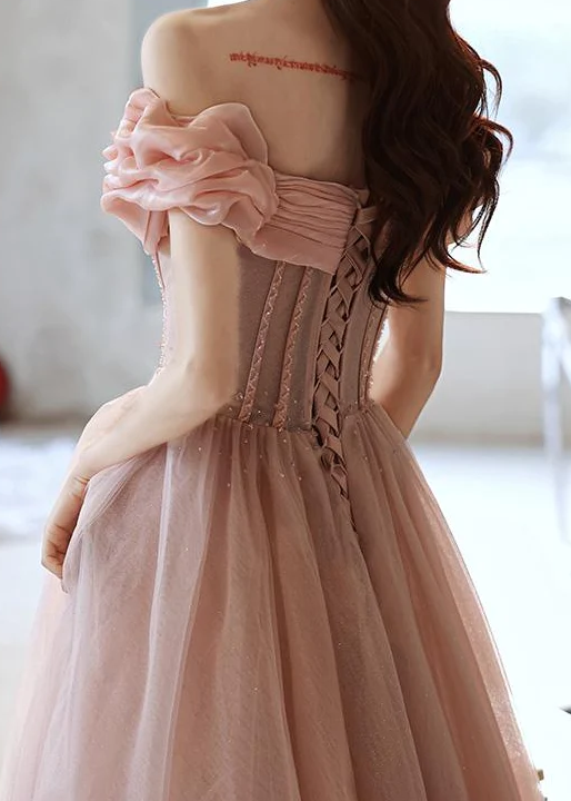 Handmade Retro Princess Off Shoulder Pink Prom Evening Dress    fg1036