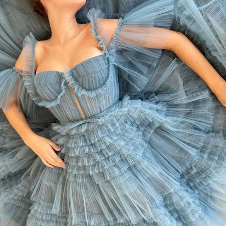 Dusty Blue Tulle Ruffled Gown, Long Tulle Prom Dress, Tiered Skirt Dress     fg3271