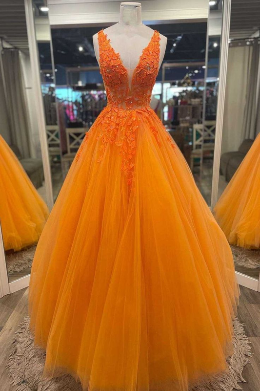 Gorgeous Orange V-Neck Floral Tulle Long Prom Dress    fg3198