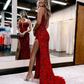 Cute Mermaid Straps Red Sequins Long Prom Dresses with Slit        fg3233