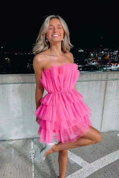 Charming A-Line Hot Pink Short Homecoming Dresses, Strapless Party Dress     fg10