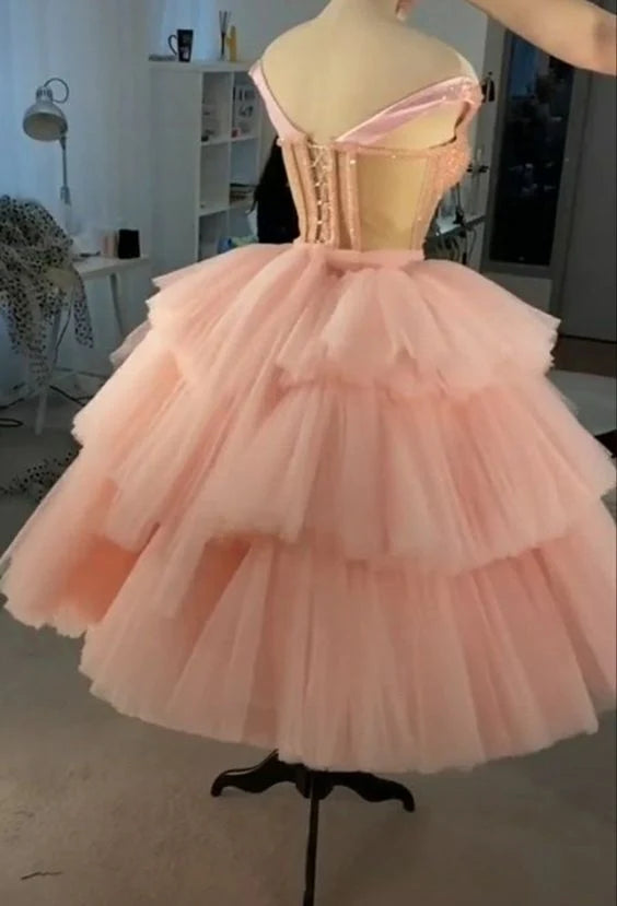 Puffy Straps Tiered Pink Tea Length Prom Dresses, Homecoming Dress With Sequins   fg105
