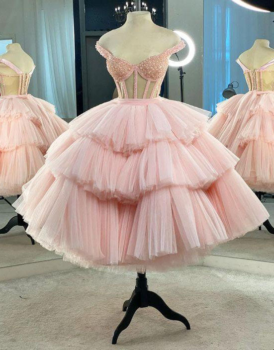 Puffy Straps Tiered Pink Tea Length Prom Dresses, Homecoming Dress With Sequins   fg105