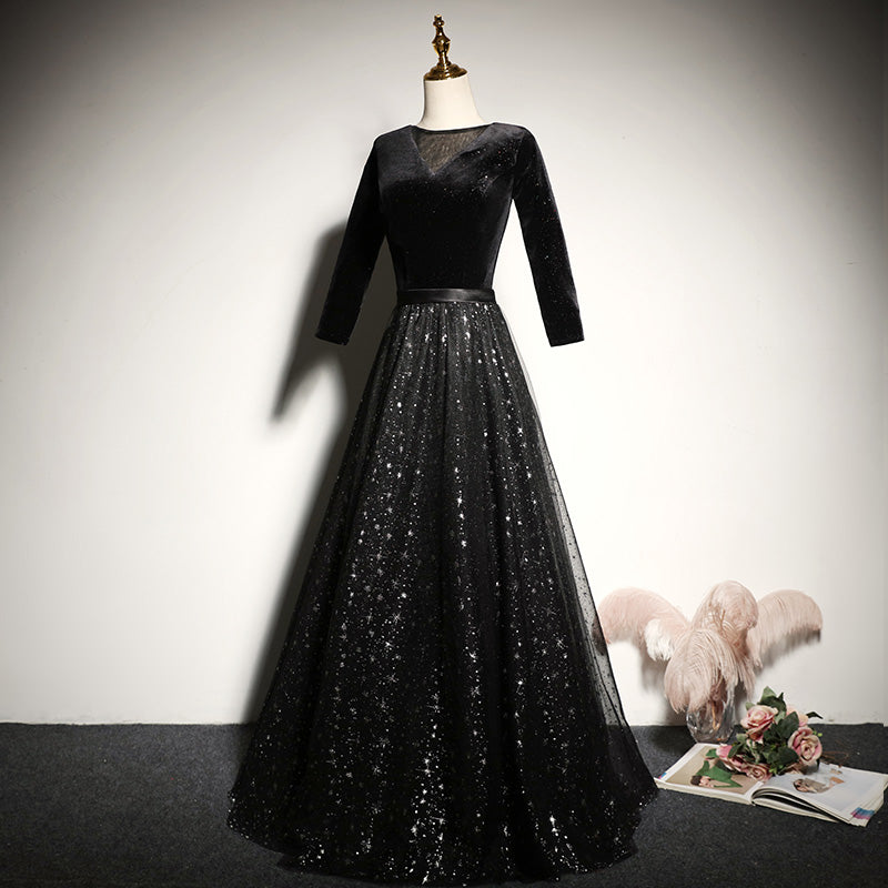 Black velvet evening dress new long-sleeved prom dress      fg184