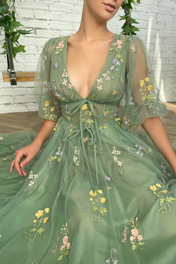 Elegant V Neck Green Tea Length Prom Dresses     fg275