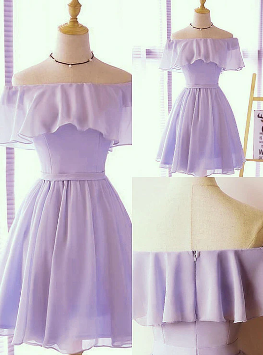Lovely Short Chiffon Light Purple Party Dress, Off the Shoulder Short Prom Dress     fg276