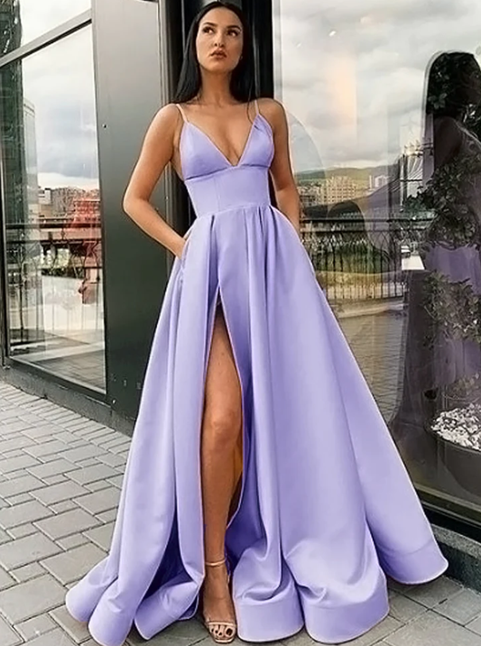 Elegant A Line Satin Pocket Lilac lavender Long Evening Party Prom Gown Girls Sweet 16 Dresses    fg328