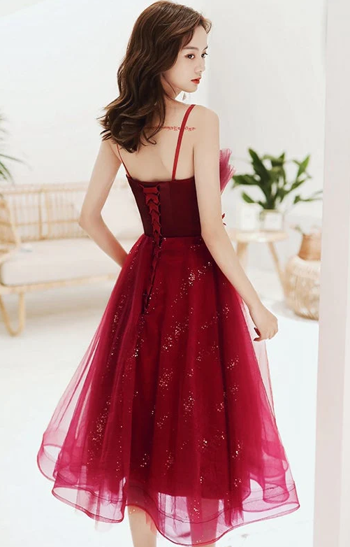 Burgundy lace sequins short homecoming dress     fg377