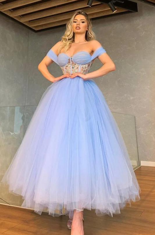 Fabulous Off-the-Shoulder Tulle Prom Dress Sweetheart With Crystal    fg391