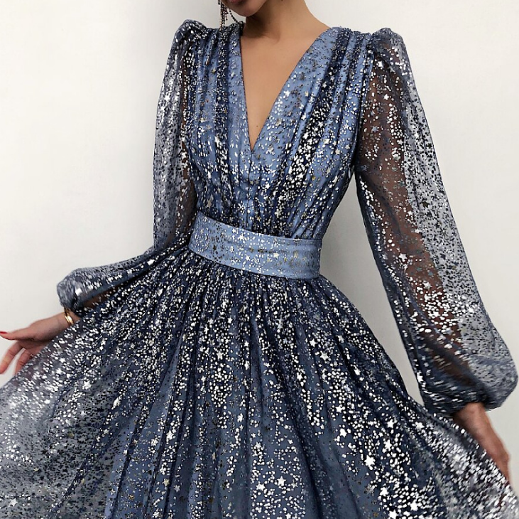 Long Sleeve V-neck High Waist Slim Dress Evening Dress Blue Prom Dresses       fg420