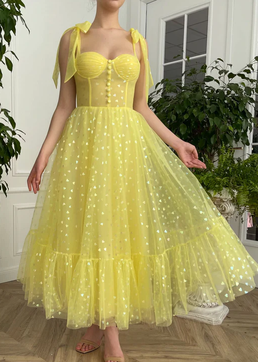 Yellow sweetheart neck tulle short prom dress, yellow evening dress      fg428