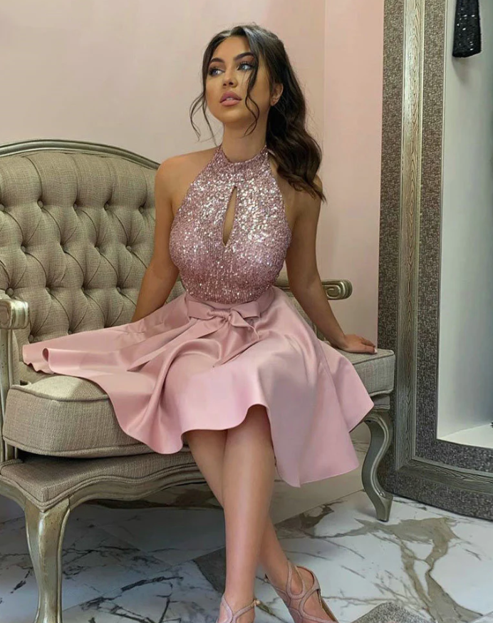 Sequins Dust Pink Halter Short Prom Dress Girls Short Homecoming Graduation Dress      fg501