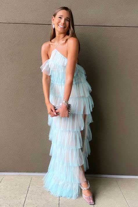 Elegant Halter Tulle Blue Prom Dress With Layers, Long Formal Evening Dresses     fg536