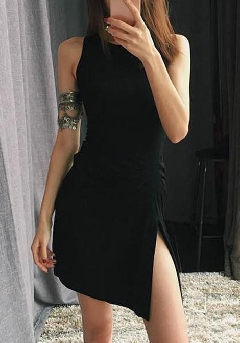 Casual Black Plain Side Slit Round Neck Mini Homecoming Dress       fg57