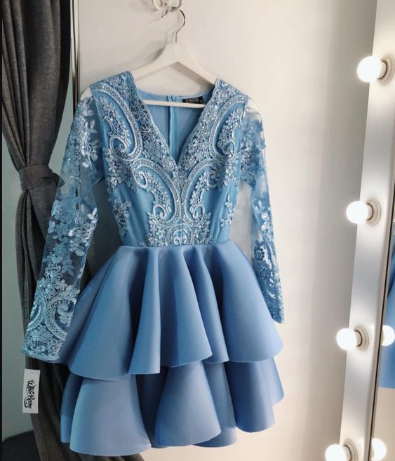 Baby Blue V Neck Lace A Line Homecoming Dresses Long Sleeves Applique Tiered Layers Short Party gown      fg60