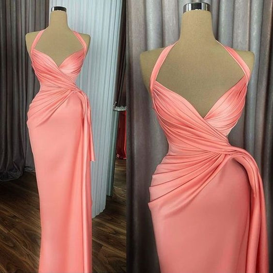 Peach prom dresses, pleats prom dresses, halter prom dresses, satin evening dresses, new arrival prom dresses     fg601