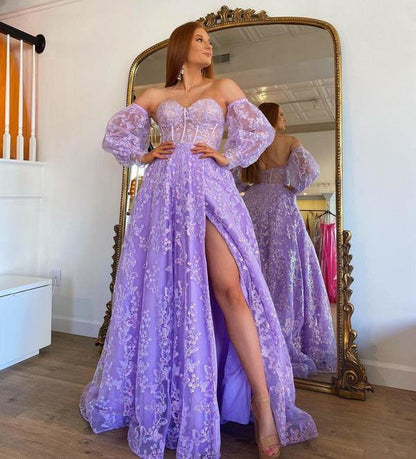 Sweetheart Lilac Long Evening Party Dress Embroidered Butterfly Detachable Sleeves Lavender Prom Dresses    fg612