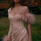 Blush Pink One Shoulder Long Sleeves Sequined Prom Dress High Slit Feather Evening Dress    fg640
