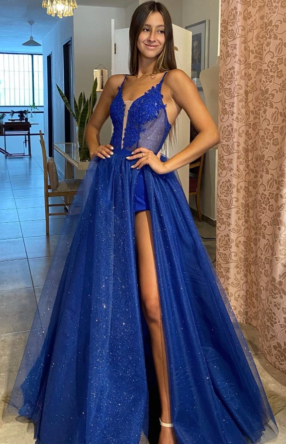 Shiny V Neck Blue Lace Long Prom Dress with High Slit,2023 Formal Dresses, Sparkly Blue Evening Dress      fg681