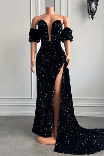 Glamorous Sequins Mermaid Evening Dress Slit With Detachable Sleeve       fg729