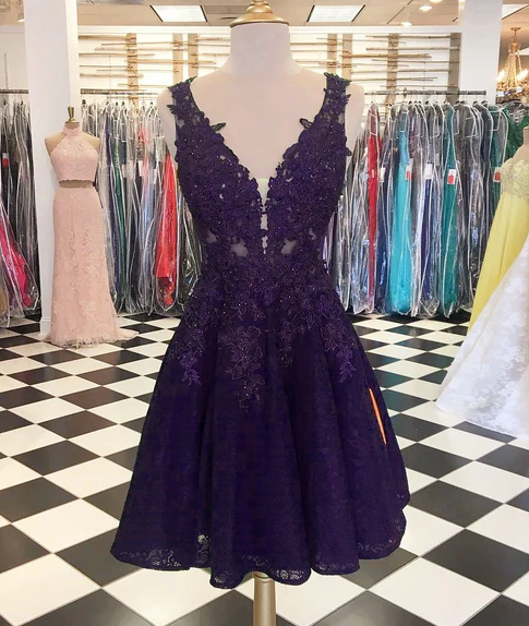 Elegant A-line Deep V-neck Lace Homecoming Dresses Short Cocktail Party Dress      fg753