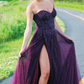 A Line Tulle Grape Beaded Sweetheart Long Side Slit Prom Dresses     fg761