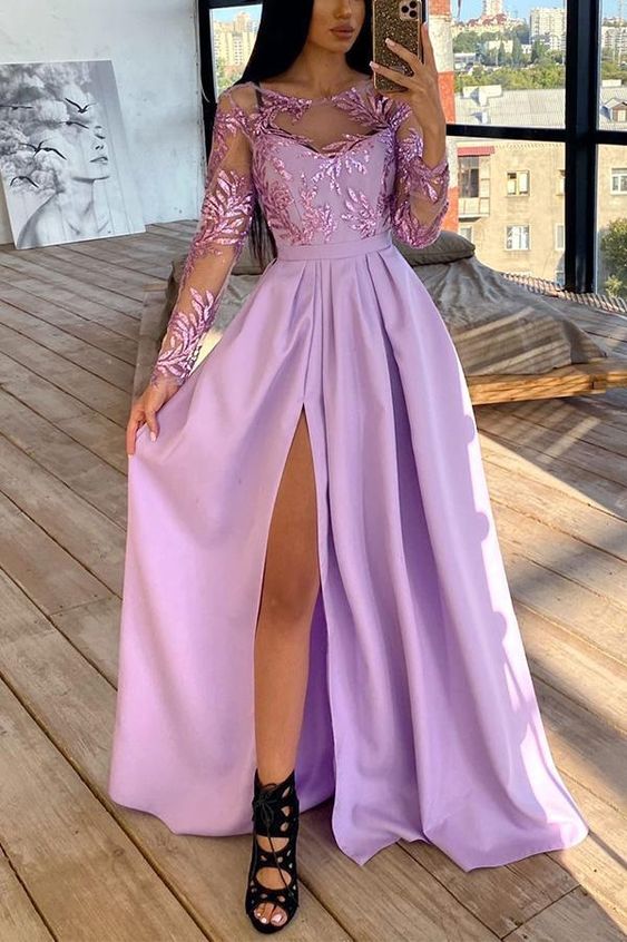 Purple long-sleeved hot-stamped sequined dress       fg815