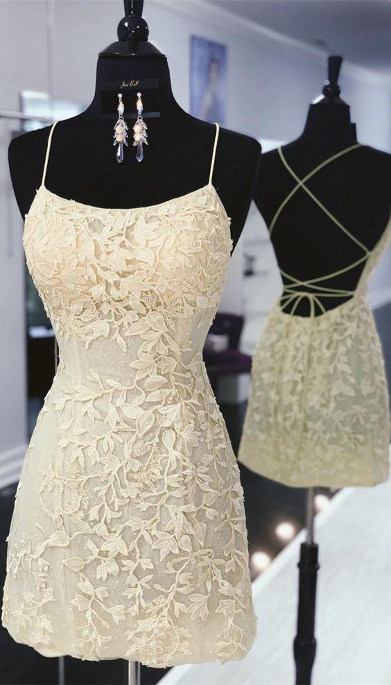 tight yellow lace homecoming dresses, short yellow homecoming dress with lace up back      fg822