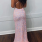Pink Sequin V-Neck Backless Mermaid Long Prom Dress      fg844
